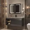 A modern bathroom vanity with a lighted mirror, sink, and storage. Produktbild-Vorschau