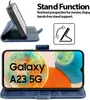 A product image showcasing a blue flip case for a Samsung Galaxy A23 5G, with a demonstration of its stand function and a close-up of the phone screen. Produktbild-Vorschau