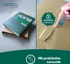 A split image showing a book on a cardboard base on the left, and a hand opening a cardboard box with a security seal on the right. Produktbild-Vorschau