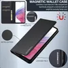 A black magnetic wallet case for a Samsung Galaxy A53 5G, with callouts highlighting features like card slots, retro leather, and lanyard hole. Produktbild-Vorschau