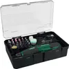 A black case containing a cordless rotary tool kit with various accessories, charging cable, and a clear lid. Produktbild-Vorschau