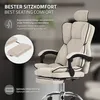 A beige ergonomic office chair with black accents, featuring a headrest and footrest, presented with marketing text and close-up details. Produktbild-Vorschau