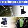 Collage showing a portable shower head being used in different outdoor settings, including attached to a tree and a car door. Produktbild-Vorschau