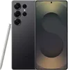 A product shot of a Samsung Galaxy S25 Ultra smartphone and its stylus, presented from the back and front. Produktbild-Vorschau