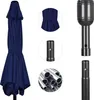 A collage of images showing a folded navy blue umbrella, close-ups of its fabric tie, pole connection, and metal tubes. Produktbild-Vorschau