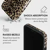 A phone case with a leopard print pattern is shown with text highlighting its shock absorption and raised bezels. Anteprima dell’immagine prodotto