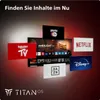 A collage of various streaming service logos and a smart TV screen displaying a user interface, all arranged around a central screen. Produktbild-Vorschau