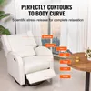 A white recliner chair is shown in a room with a large window in the background. Text overlays highlight different parts of the chair. Podgląd zdjęcia produktu