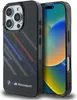 A black iPhone case with BMW Motorsport branding and racing stripes is shown next to an iPhone. Produktbild-Vorschau
