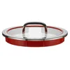 A close-up, studio shot of a red pot lid with a glass insert and a silver handle. Anteprima dell’immagine prodotto
