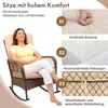 A woman relaxing in a rocking chair, with text and diagrams highlighting comfort features. Podgląd zdjęcia produktu