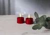 Two red LED candles with flickering flames sit on a light-colored wooden surface, with a sprig of eucalyptus to the right. Produktbild-Vorschau