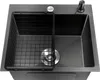 A top-down view of a black stainless steel kitchen sink with a wire basket and a soap dispenser. Produktbild-Vorschau