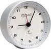 A white analog alarm clock with black hands and numbers, set against a white background. Produktbild-Vorschau