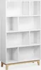 A white bookshelf with wooden legs against a white background. Produktbild-Vorschau