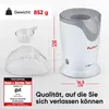 A white and gray popcorn maker with accessories and marketing text, including dimensions and a test rating. Náhled obrázku produktu