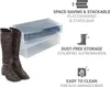 A pair of brown leather boots next to two transparent storage boxes, with marketing text and icons. Produktbild-Vorschau