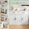 A collage of images showcasing a white kitchen island with various storage features, alongside a main image of the island in a kitchen setting. Náhled obrázku produktu