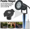 Collage showing a garden light, its stake, and examples of its use in different outdoor settings. Produktbild-Vorschau