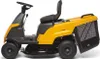A yellow riding lawn mower with a black seat and wheels, shown from the side against a white background. Produktbild-Vorschau