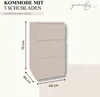 A product image of a beige dresser with dimensions indicated. Produktbild-Vorschau