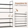 A collage of images showing a black metal shoe rack in different configurations and assembly instructions. Produktbild-Vorschau
