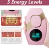 A pink and gold IPL hair removal device is shown, along with diagrams illustrating its function and results over time. Produktbild-Vorschau