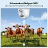 A security camera is shown above a herd of cows in a field, with arrows indicating 360-degree movement. Náhled obrázku produktu