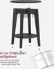 A 3D rendering of a dark wood side table with a round top and a lower shelf, shown with assembly instructions and text highlighting ease of assembly. Produktbild-Vorschau