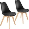 Two black chairs with wooden legs are shown against a white background.