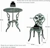 A diagram showing the dimensions and weight capacity of a garden table and chair set. Podgląd zdjęcia produktu