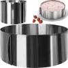 A stainless steel adjustable cake ring is shown in multiple views, with a small inset showing strawberries and a cake made in a similar ring. Podgląd zdjęcia produktu