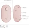 Two pink Logitech mice are shown with feature callouts. Produktbild-Vorschau