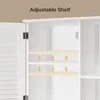 Close-up view of an open white cabinet with adjustable shelves, indicated by orange arrows. Náhled obrázku produktu