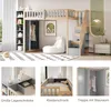A collage of images showcasing a multi-functional loft bed with integrated storage and a wardrobe, presented in a child's bedroom setting. Produktbild-Vorschau
