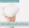A hand holding a fluffy white material, with text overlays at the top and bottom. Produktbild-Vorschau