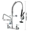 A commercial kitchen faucet with a pull-down sprayer, mounted on a white background. Dimensions are indicated with text overlays. Produktbild-Vorschau