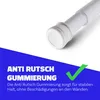 A close-up of the end of a white telescopic rod with a textured rubber grip, set against a white background with a blue diagonal overlay containing text and a green checkmark. Produktbild-Vorschau