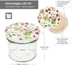 A glass jar with a decorative lid, showing dimensions and product details. Produktbild-Vorschau