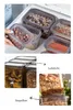 A collage showing food storage containers in use and their features. Produktbild-Vorschau