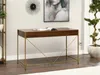 A modern desk with a wooden top and gold metal legs, placed in a room with a clock and artwork on the wall. Voir les images du produit