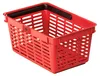A red plastic shopping basket with black handles is shown against a white background. Náhľad obrázku produktu