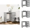 A collage of images showing a gray desk with drawers from different angles, and a larger image of the desk in a room setting.