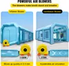 Two inflatable booths are shown, one being inflated by a blower and the other with air circulation. The image highlights the features of the blowers. Anteprima dell’immagine prodotto