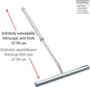 A silver telescopic squeegee with a gray rubber blade is shown against a white background, with text describing its features. Produktbild-Vorschau