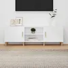 A white TV stand with two doors and two open shelves, placed on a wooden floor in front of a white wall. A black TV is mounted on the wall above the stand. Decorative items like picture frames, a plant, and a vase are on and around the stand. Anteprima dell’immagine prodotto