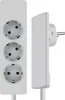 A white power strip with three European-style outlets and a plug is shown against a white background. A side view of the power strip is also visible. Podgląd zdjęcia produktu