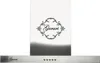 A stainless steel range hood with a decorative logo. Produktbild-Vorschau