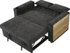 A dark gray sofa bed is shown in an open configuration, revealing its sleeping surface and extended footrest. It features a built-in cup holder on one armrest and a small wooden shelving unit on the other. Produktbild-Vorschau
