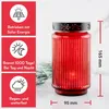 A red glass solar-powered LED candle lantern with decorative elements and informational graphics on the left. Produktbild-Vorschau